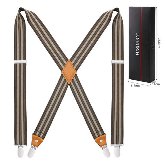 HISDERN Mens Suspenders,Elastic Suspender Strong Clip X-Back 1.4" Adjustable for Work Brown Striped
