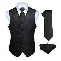 HISDERN Mens Vest Ties Sets Formal Waistcoat Paisley Black Necktie Pocket Square 3PC Suit Vests L