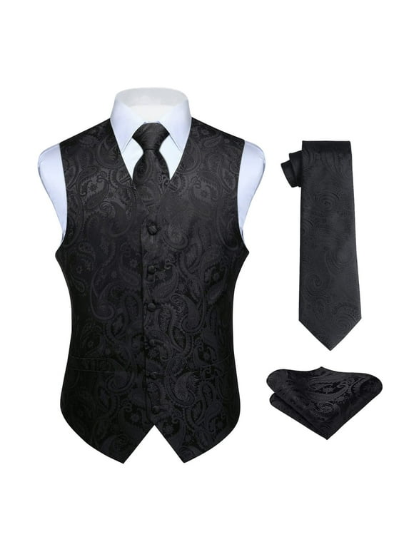 Mens Vest Ties Sets Formal Waistcoat Paisley Black Necktie Pocket Square 3PC Suit Vests L