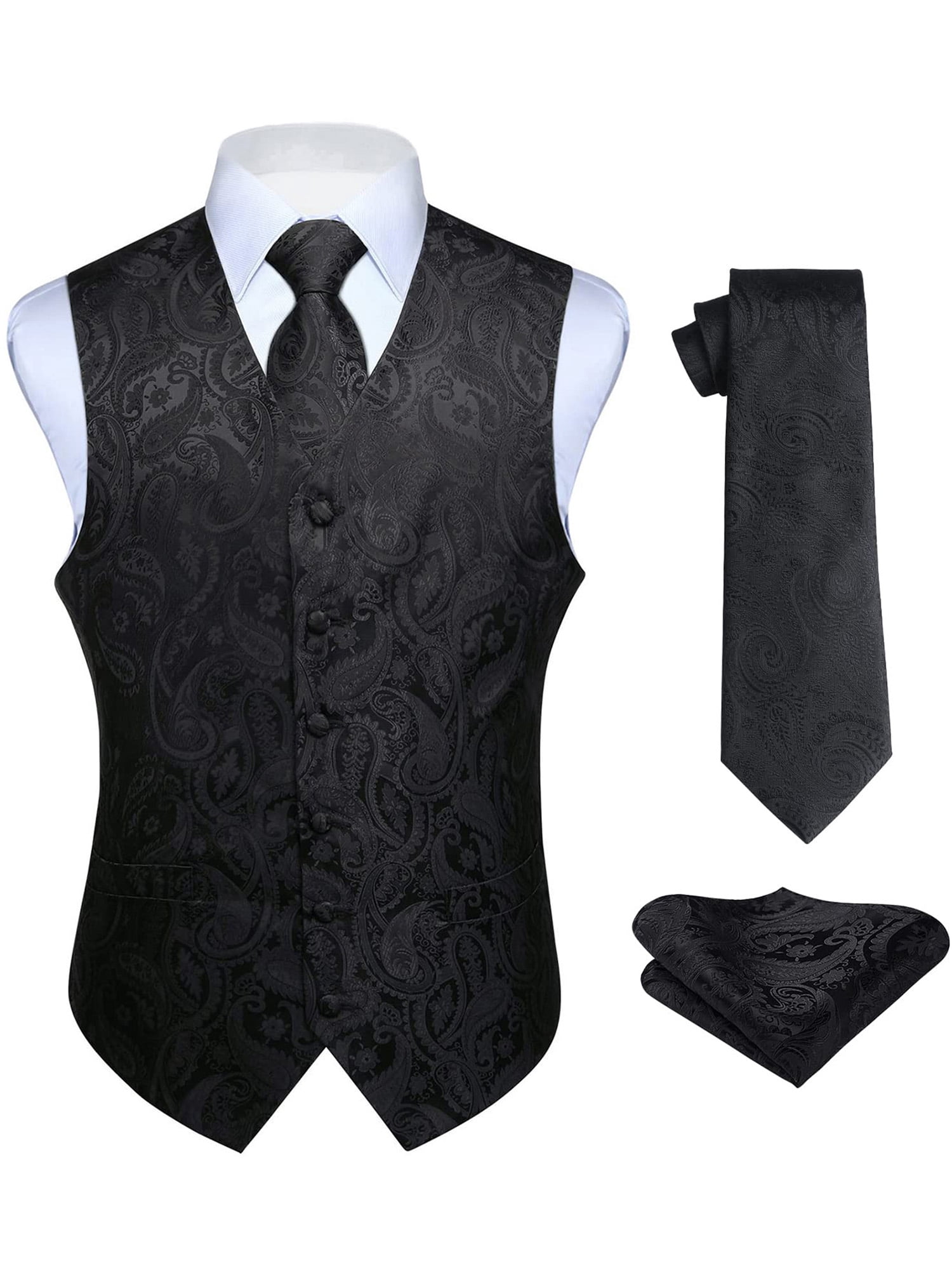 HISDERN, Mens Vest Ties Set 2XL, Paisley Black Neckline 3PC Suit 