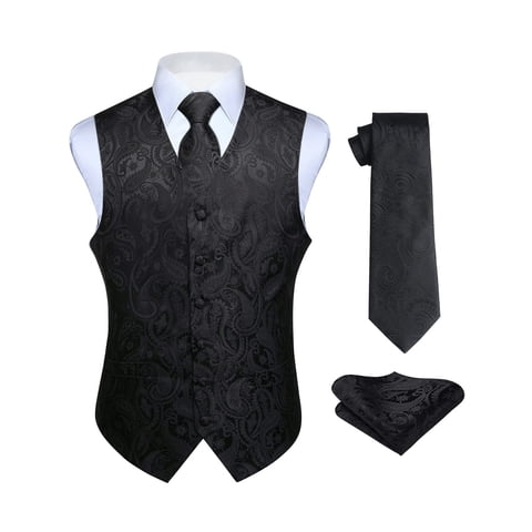Mens Vest Ties Sets Formal Waistcoat Paisley Black Necktie Pocket Square 3PC Suit Vests L
