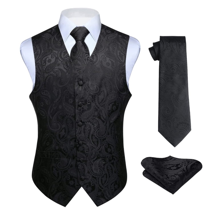 HISDERN, Mens Vest Ties Sets Formal Waistcoat, Paisley Black 3PC
