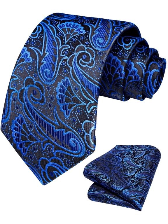 Paisley Ties for Men Blue Jacquard Tie & Handkerchief Set Woven Texture Necktie for Formal Event