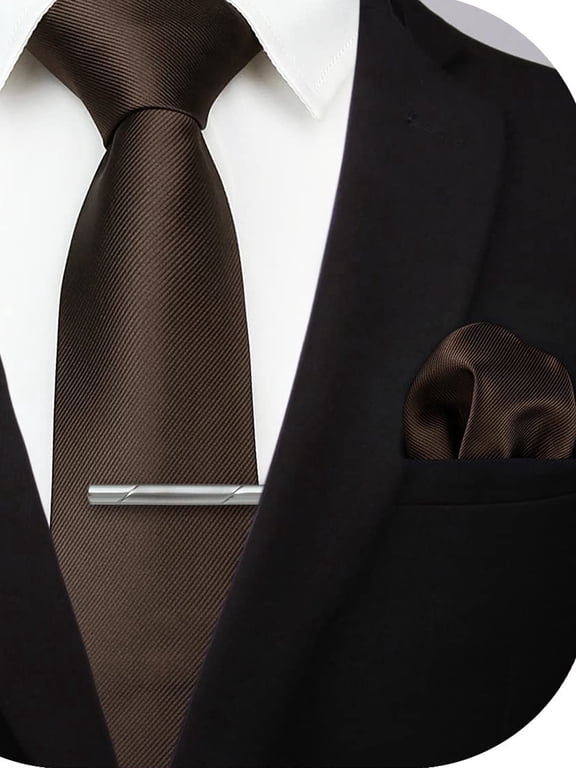 Men Brown Ties, 3PCS Pocket Square Neckties Clip Sets for Wedding Business Formal 3.35 inch Wide Tie