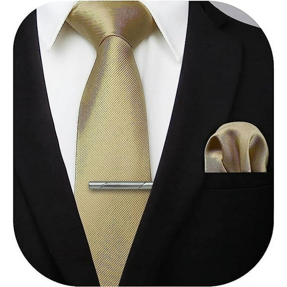 HISDERN Ties for Men Solid Color Woven Tie and Pocket Square Neckties Clip Sets Business Satin Tie