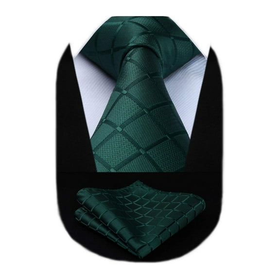 HISDERN Ties for Mens Silk Extra Long Tie and Pocket Square Green Plaid 63 inches Men Neckties Sets