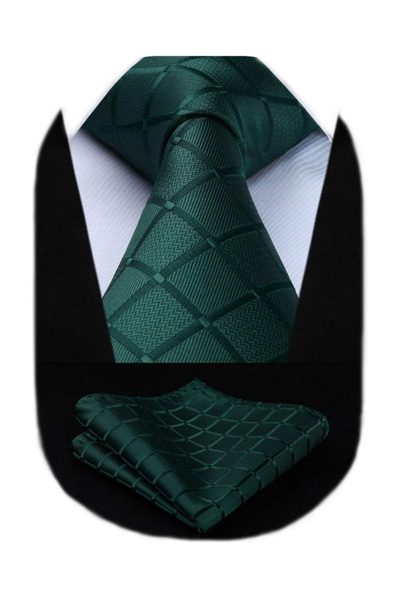 Ties for Mens Silk Extra Long Tie and Pocket Square Green Plaid 63 inches Men Neckties Sets