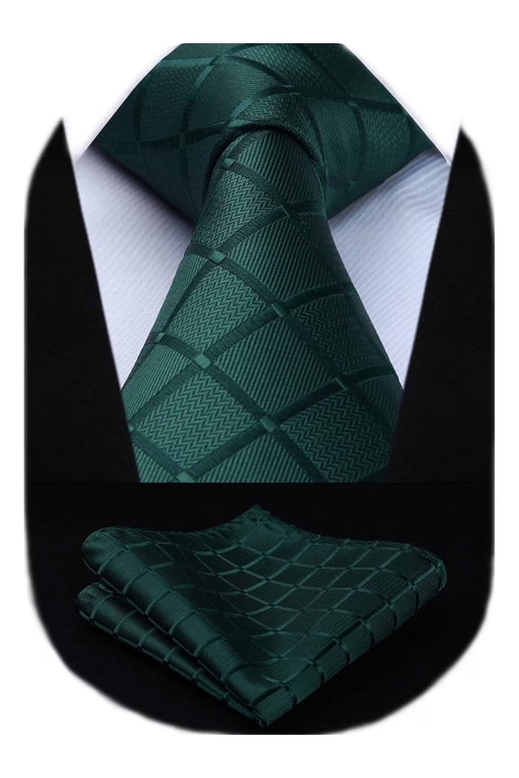 Ties for Mens Silk Extra Long Tie and Pocket Square Green Plaid 63 inches Men Neckties Sets