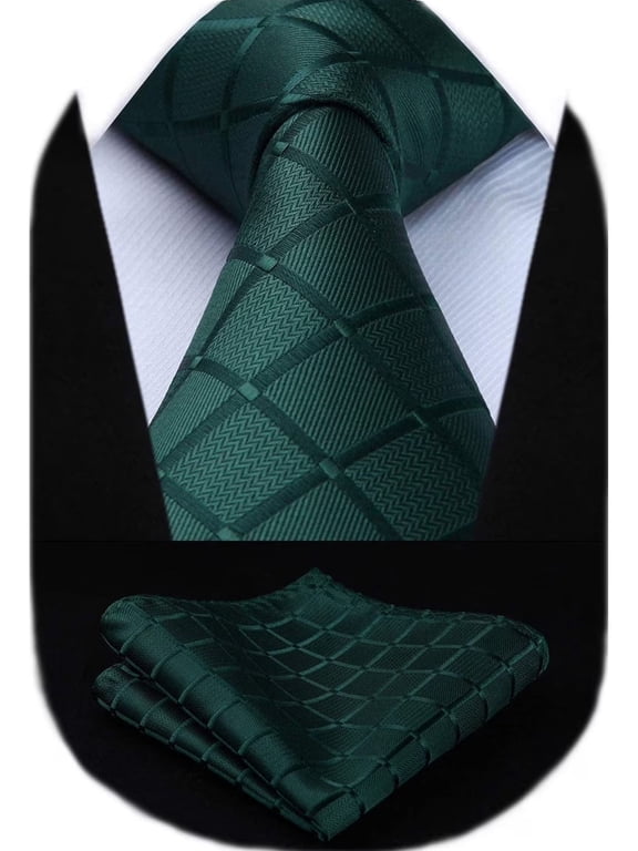 Ties for Mens Silk Extra Long Tie and Pocket Square Green Plaid 63 inches Men Neckties Sets