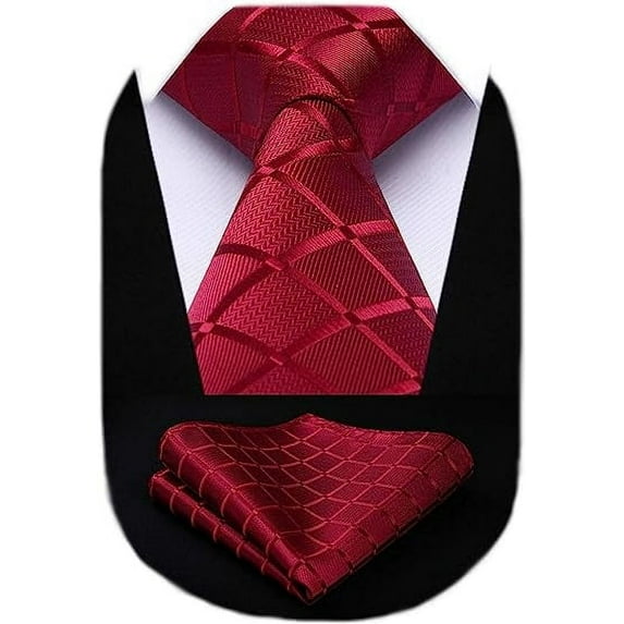 HISDERN Ties for Mens Silk Extra Long Tie and Pocket Square Red Plaid 63 inches Men's Neckties Sets