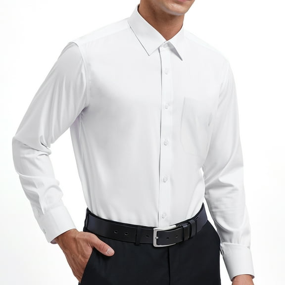 HISDERN White Button Down Shirts for Men Long Sleeve Basics Dress Shirt Regular Fit Formal Business