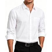 walmart mens white dress shirt Hfyihgf Men's Dress Shirts Solid Color Long Sleeve Regular Fit Wrinkle-Free Formal Shirt Business Casual Button Down Shirts(White,L)