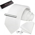 thumbnail image 1 of HISDERN White Plaid Ties for Men Necktie and Pocket Square Cufflinks Tie Clip Set Formal Silk Woven, 1 of 10