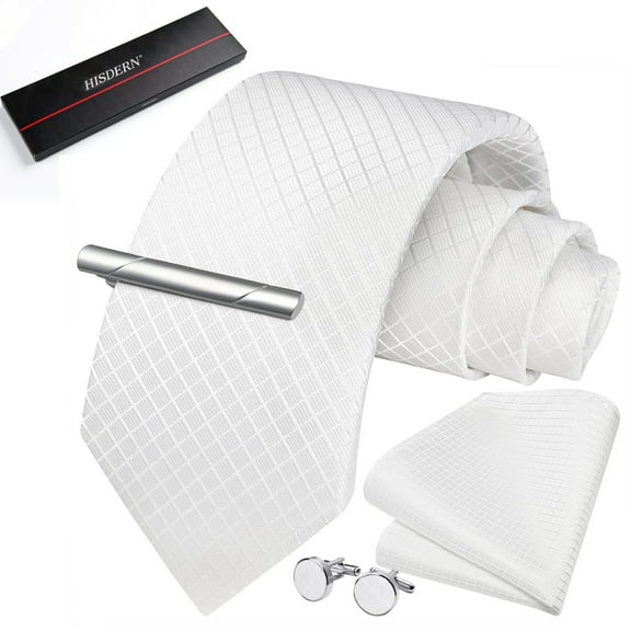 HISDERN White Plaid Ties for Men Necktie and Pocket Square Cufflinks Tie Clip Set Formal Silk Woven