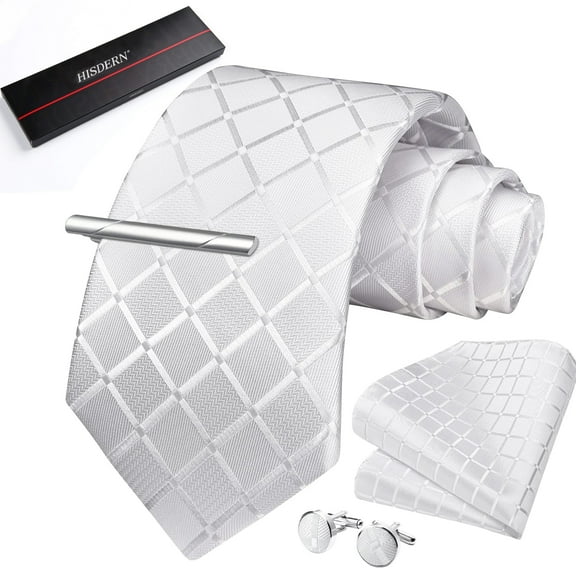 HISDERN White Ties for Men Formal Plaid Silk Woven Necktie and Pocket Square Cufflinks Tie Clip Set