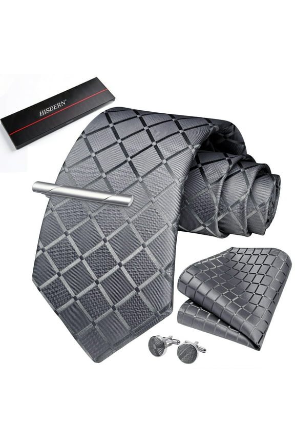 Woven Ties for Men Classic Grey Plaid Pocket Square Cufflinks Tie Clip Necktie Set Business
