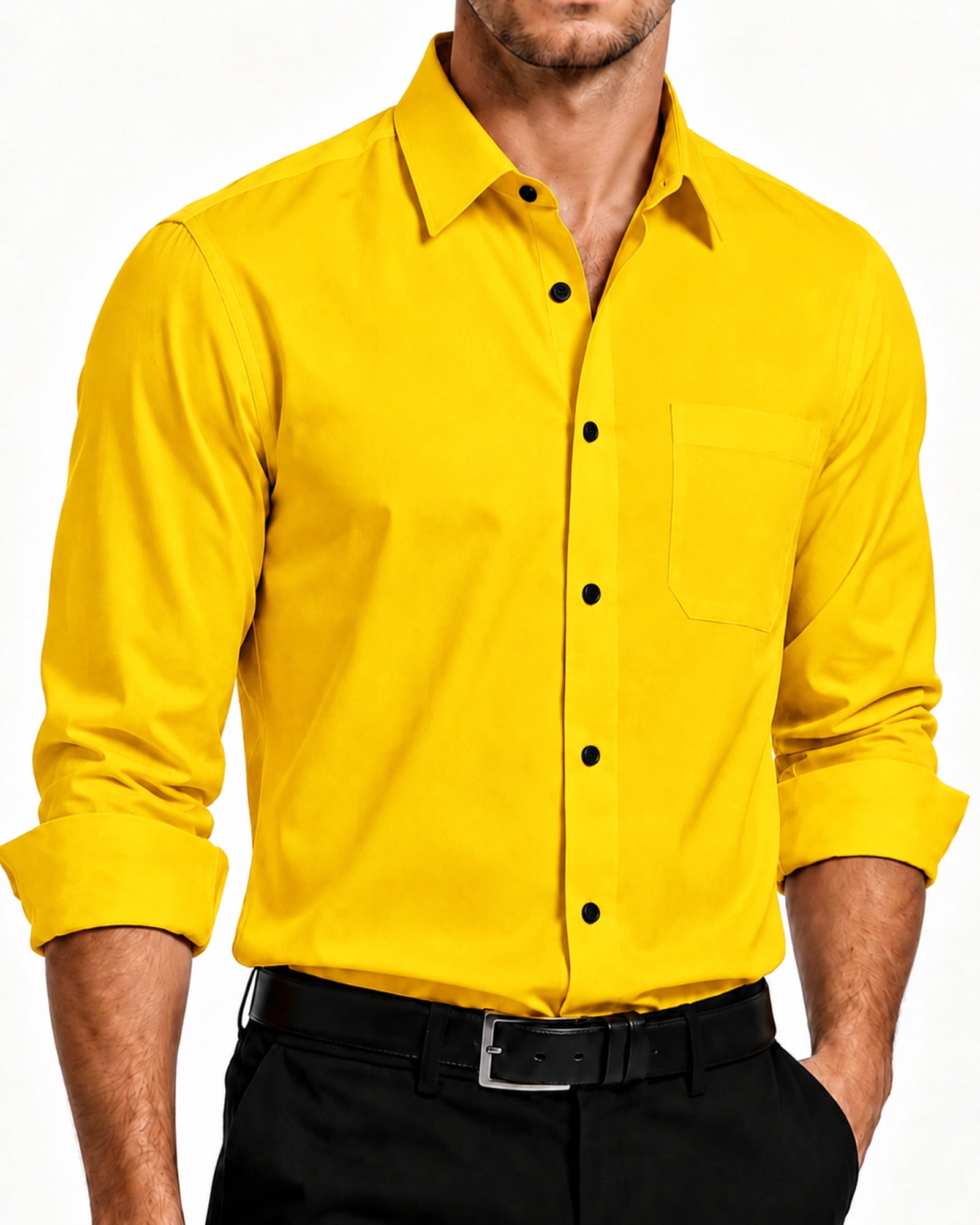 yellow dress shirt for men Non-Iron Linen Solid With Contrast Trim long sleeves Customizable bright yellow silk shirt,