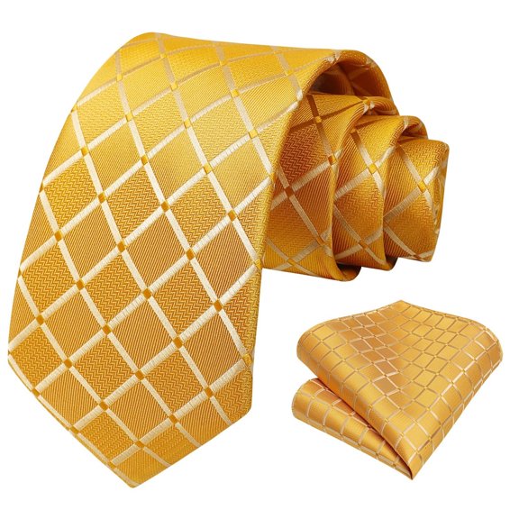 HISDERN Yellow Ties for Men Plaid Checkered Tie Handkerchief Woven Formal Ties Men's Necktie Set