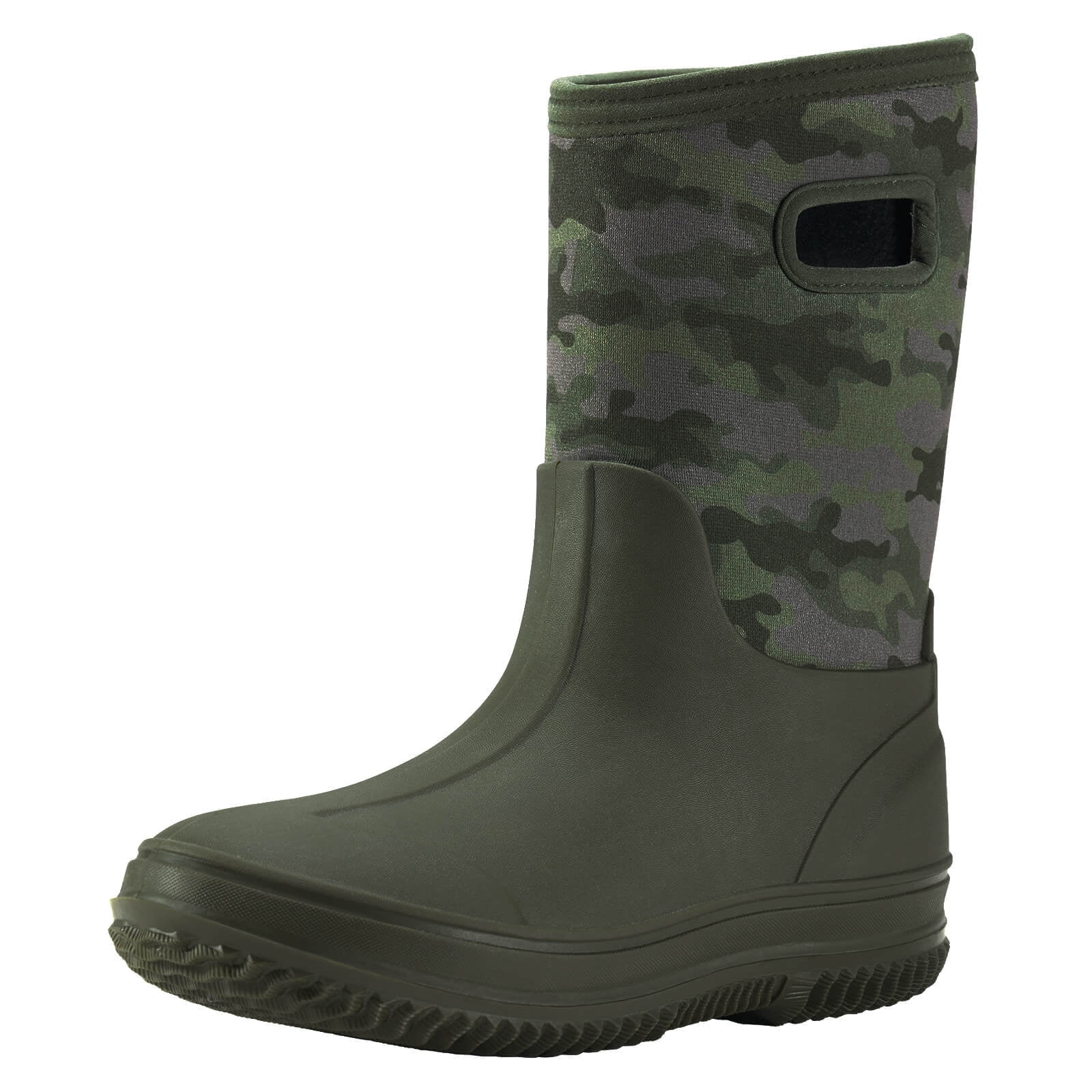 HISEA Kids Rain Boots for Boys Girls, Waterproof Insulated Rubber Neoprene Boots, Seamless Outdoor Boots with Handles Rainboot Mud Boots for Rain, Snow, Winter and Muck, Size 4BK Olive Green