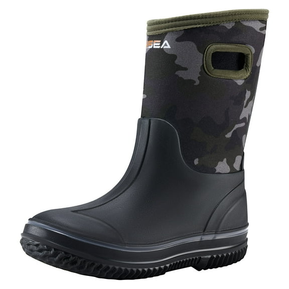 HISEA Kids Rain Boots, Waterproof Insulated Rubber Neoprene Boots, Green Camo, Size 7