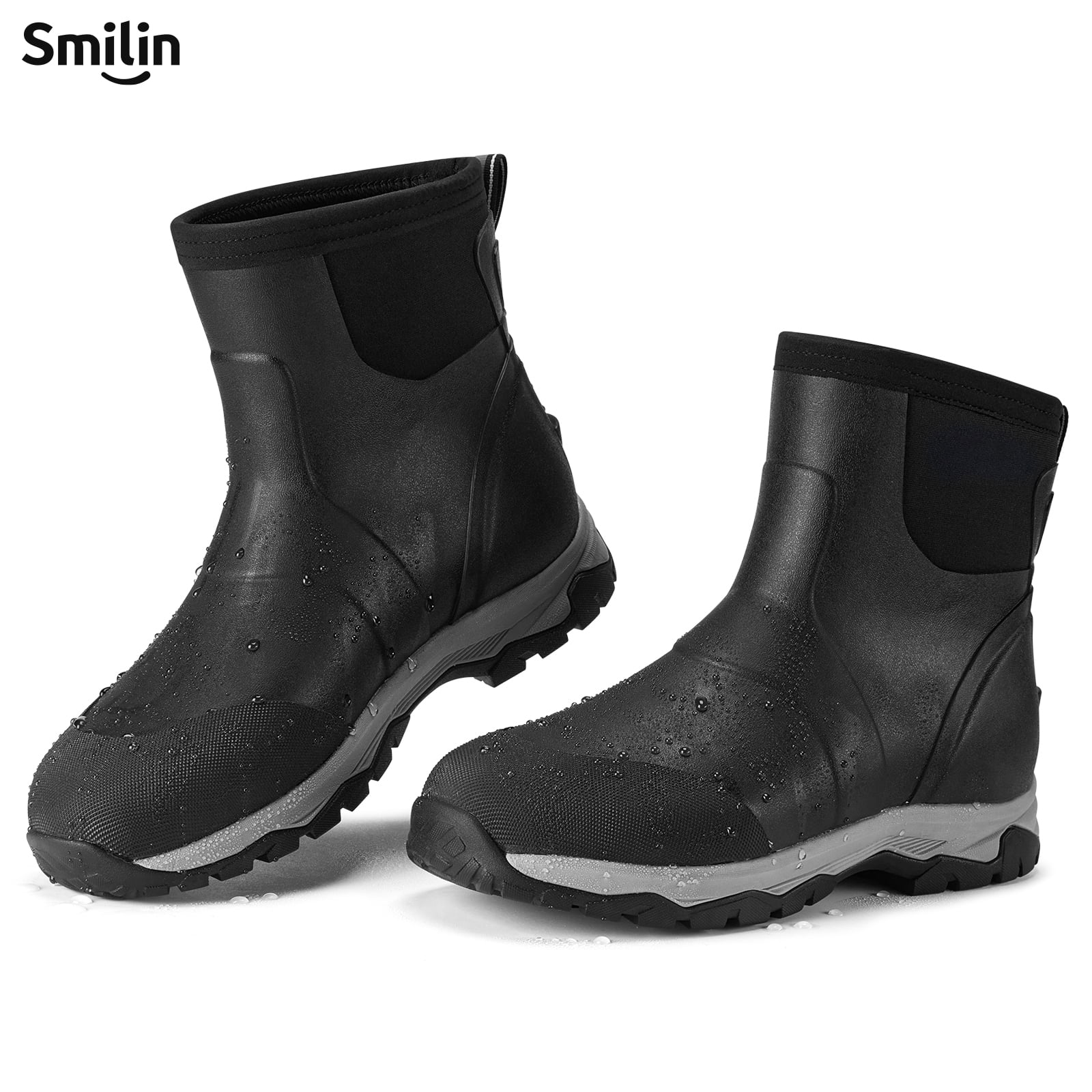 SMILIN Men's Rain Boots, Anti-Slip Ankle Height Outdoor Work Boots for Mud, Snow, Hunting, and All-Season Activities, Black, US Size 10