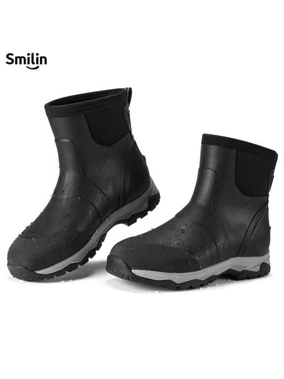 Men's Rain Boots, Anti-Slip Ankle Height Outdoor Work Boots for Mud, Snow, Hunting, and All-Season Activities, Black, US Size 10