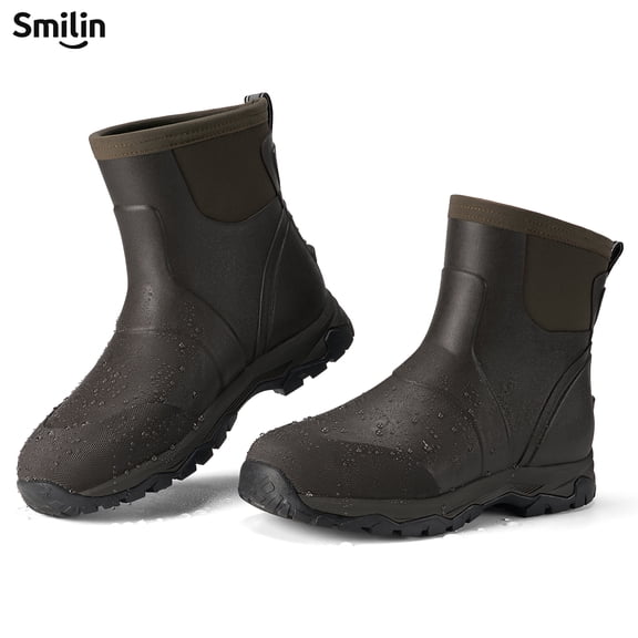 SMILIN Men's Rain Boots, Anti-Slip Ankle Height Outdoor Work Boots for Mud, Snow, Hunting, and All-Season Activities, Brown, US Size 11