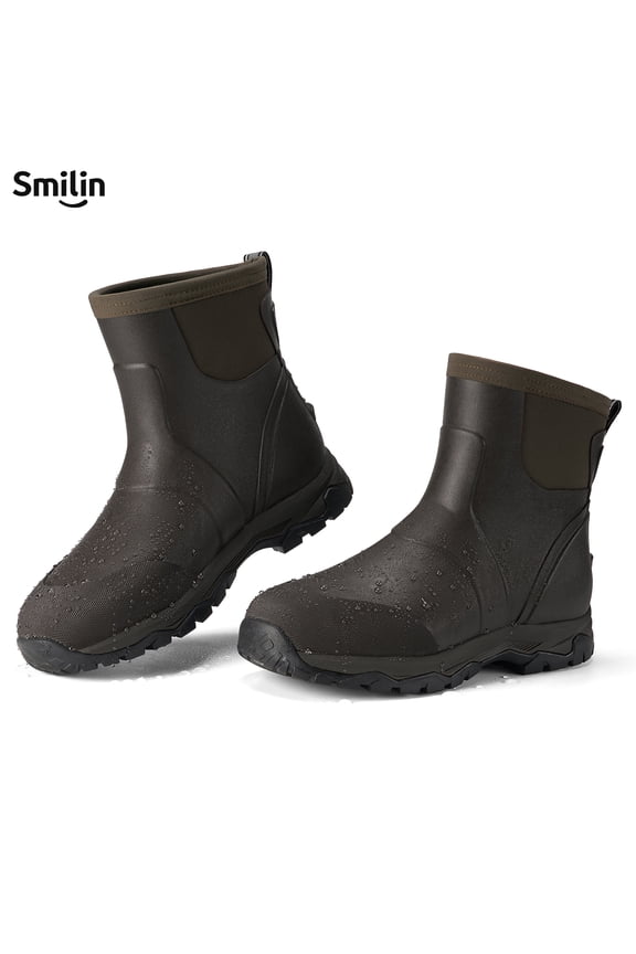 HISEA Men's Rain Boots Ankle Height Rubber Neoprene Hunting Boots, Brown, US Size 11
