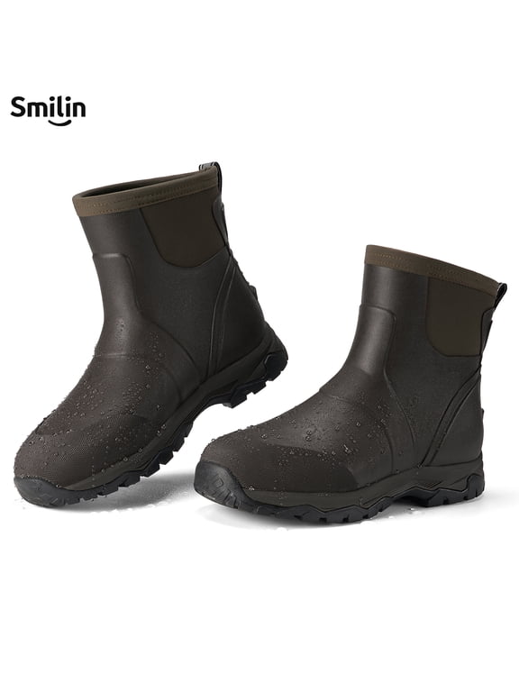 Men's Rain Boots, Anti-Slip Ankle Height Outdoor Work Boots for Mud, Snow, Hunting, and All-Season Activities, Brown, US Size 12