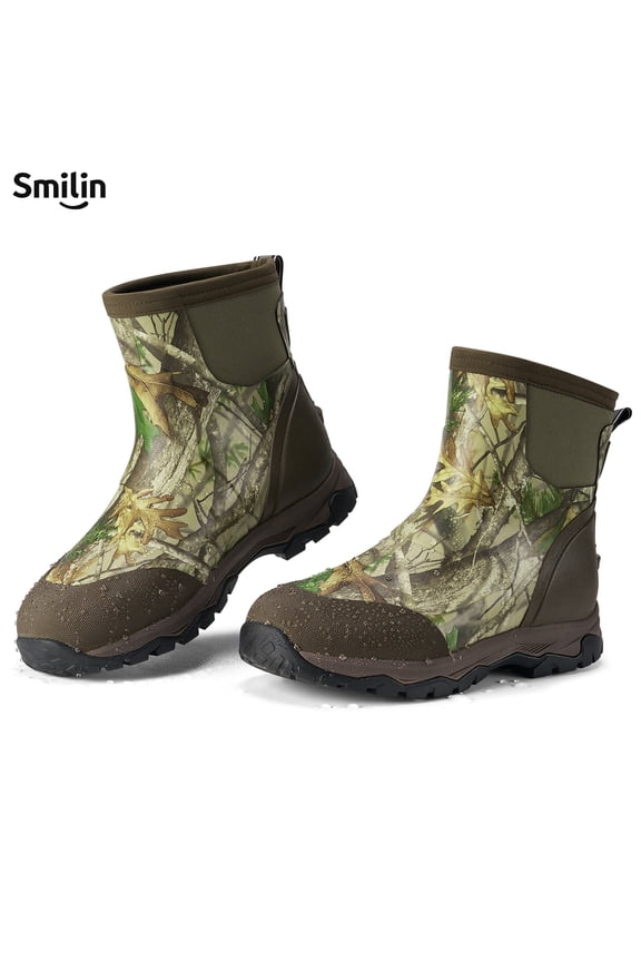 HISEA Men's Rain Boots Ankle Height Rubber Neoprene Hunting Boots, Camo, US Size 10