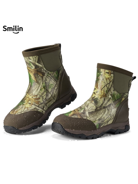 Men's Rain Boots, Anti-Slip Ankle Height Outdoor Work Boots for Mud, Snow, Hunting, and All-Season Activities, Camo, US Size 10