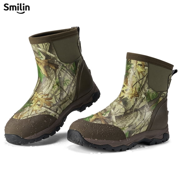 HISEA Men's Rain Boots Ankle Height Rubber Neoprene Hunting Boots, Camo, US Size 9