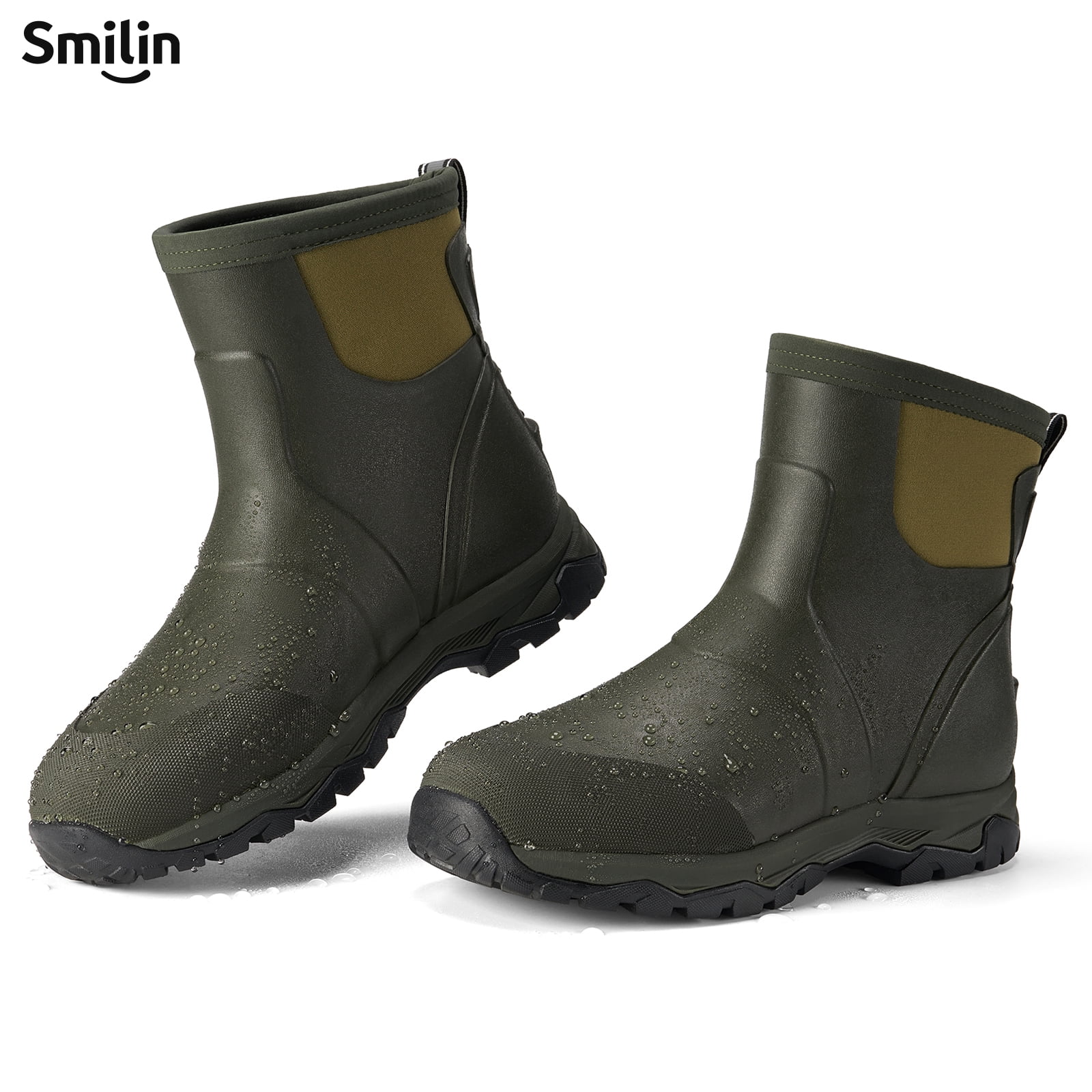 SMILIN Men's Rain Boots, Anti-Slip Ankle Height Outdoor Work Boots for Mud, Snow, Hunting, and All-Season Activities, Green, US Size 10