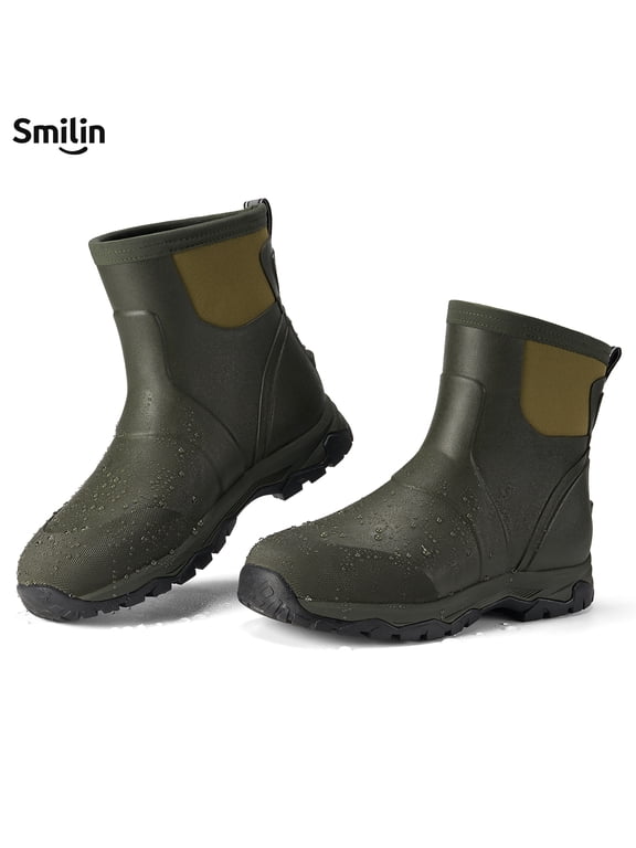 Men's Rain Boots, Anti-Slip Ankle Height Outdoor Work Boots for Mud, Snow, Hunting, and All-Season Activities, Green, US Size 10