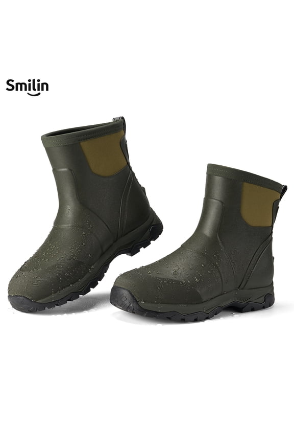 Men's Rain Boots, Anti-Slip Ankle Height Outdoor Work Boots for Mud, Snow, Hunting, and All-Season Activities, Green, US Size 8