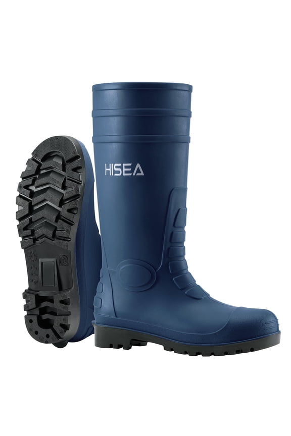 Men's Rain Boots with Steel Shank, Waterproof Rubber Protective Footwear, Seamless PVC Rainboots Non-Steel Toe Outdoor Work Boots, Durable Garden Fishing Tall Kneed Boot, Size 10 Navy Blue