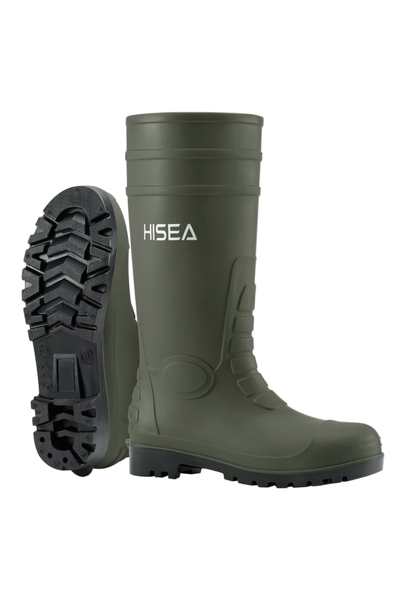 Men's Rain Boots with Steel Shank, Waterproof Rubber Protective Footwear, Seamless PVC Rainboots Non-Steel Toe Outdoor Work Boots, Durable Garden Fishing Tall Kneed Boot, Size 9 Olive Green