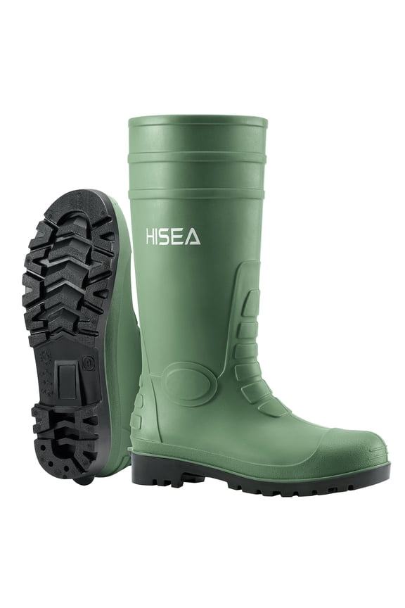 Men's Rain Boots with Steel Shank, Waterproof Rubber Protective Footwear, Seamless PVC Rainboots Non-Steel Toe Outdoor Work Boots, Durable Garden Fishing Tall Kneed Boot, Size 9 Green