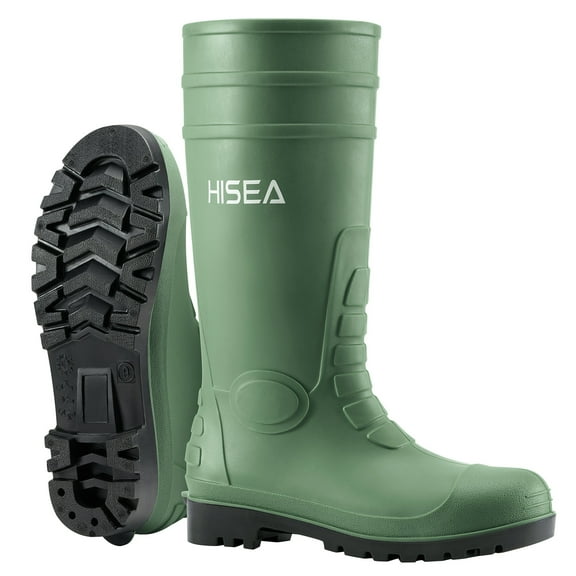 HISEA Men's Rain Boots with Steel Shank, Waterproof Rubber Protective Footwear, Seamless PVC Rainboots Non-Steel Toe Outdoor Work Boots, Durable Garden Fishing Tall Kneed Boot, Size 9 Green