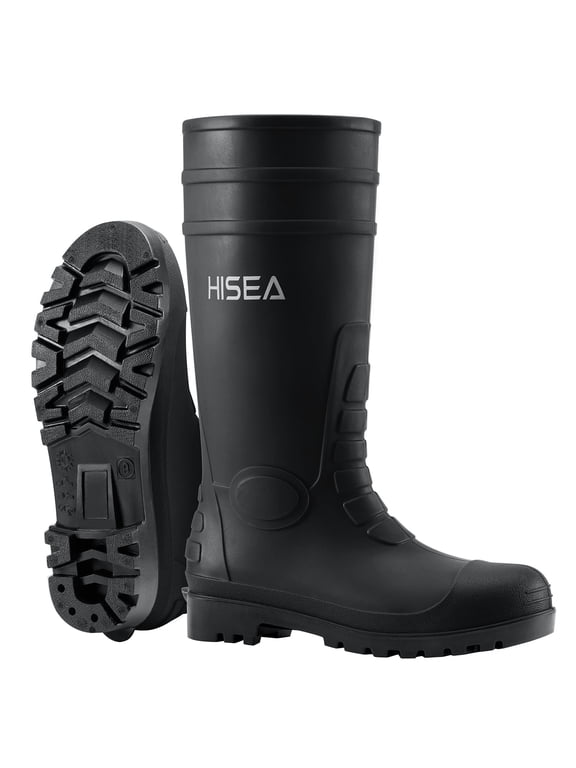 Men's Rain Boots with Steel Shank, Waterproof Rubber Protective Footwear, Seamless PVC Rainboots Non-Steel Toe Outdoor Work Boots, Durable Garden Fishing Tall Kneed Boot, Size 10 Black