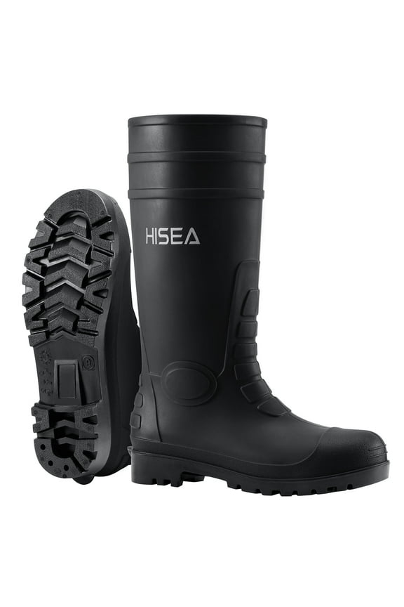 Men's Rain Boots with Steel Shank, Waterproof Rubber Protective Footwear, Seamless PVC Rainboots Non-Steel Toe Outdoor Work Boots, Durable Garden Fishing Tall Kneed Boot, Size 12 Black