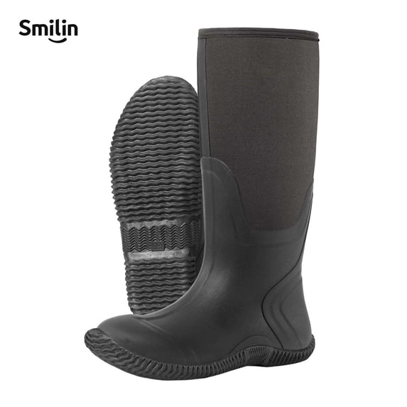 Men's Waterproof Neoprene Hunting Boots, Mid-Calf Camo Rubber Muck Rain Boots with Non-Slip Outsole, Black, Size 8
