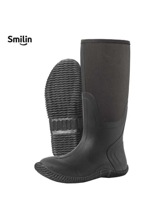 Men's Waterproof Neoprene Hunting Boots, Mid-Calf Camo Rubber Muck Rain Boots with Non-Slip Outsole, Black, Size 12