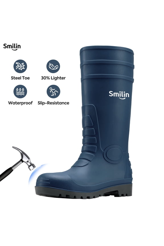 PVC Rubber Rain Boots for Men,Steel Toe Waterproof and Slip Resistant lightweight Knee Men's Work Boots,Navy Blue Color,US Size 10