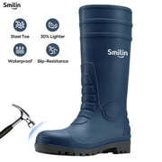 SMILIN PVC Rubber Rain Boots for Men,Steel Toe Waterproof and Slip Resistant lightweight Knee Mens Work Boots,Navy Blue Color,US Size 11