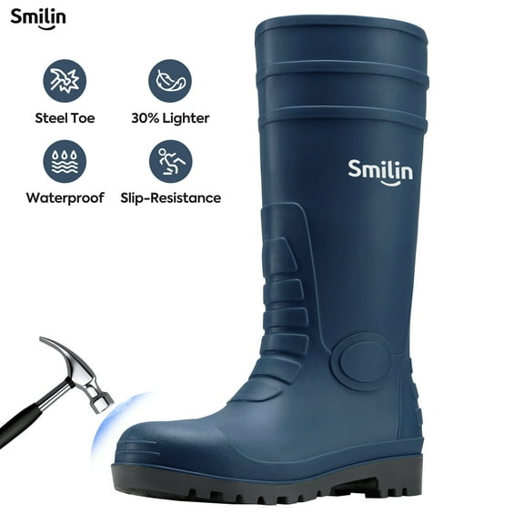 SMILIN PVC Rubber Rain Boots for Men,Steel Toe Waterproof and Slip Resistant lightweight Knee Men's Work Boots,Navy Blue Color,US Size 8
