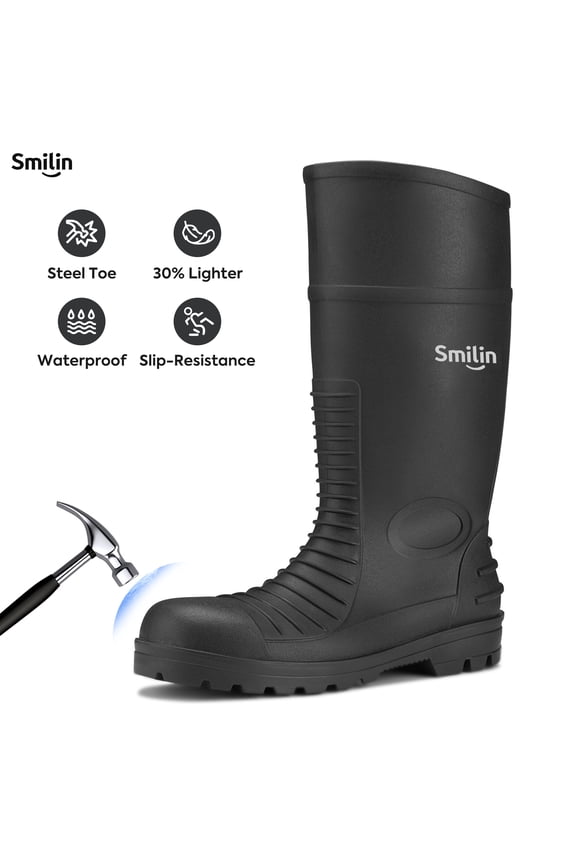 PVC Rubber Rain Boots for Men,Steel Toe Waterproof and Slip Resistant lightweight Knee Men's Work Boots,Black,US Size 10
