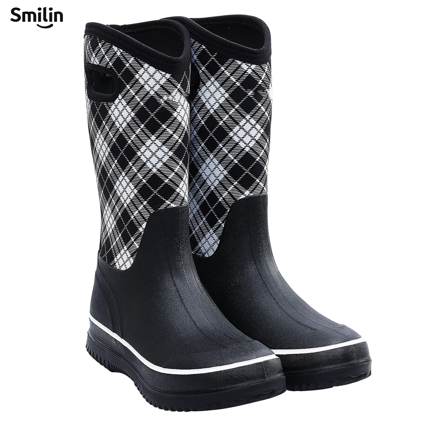 SMILIN Rain Boots for Women, Anti-slip Mid Calf Women Mud Boots, Plaid, Size 8