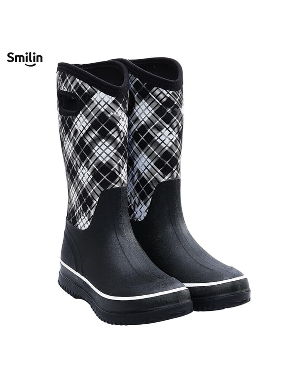 Rain Boots for Women, Anti-slip Mid Calf Women Mud Boots, Plaid, Size 8