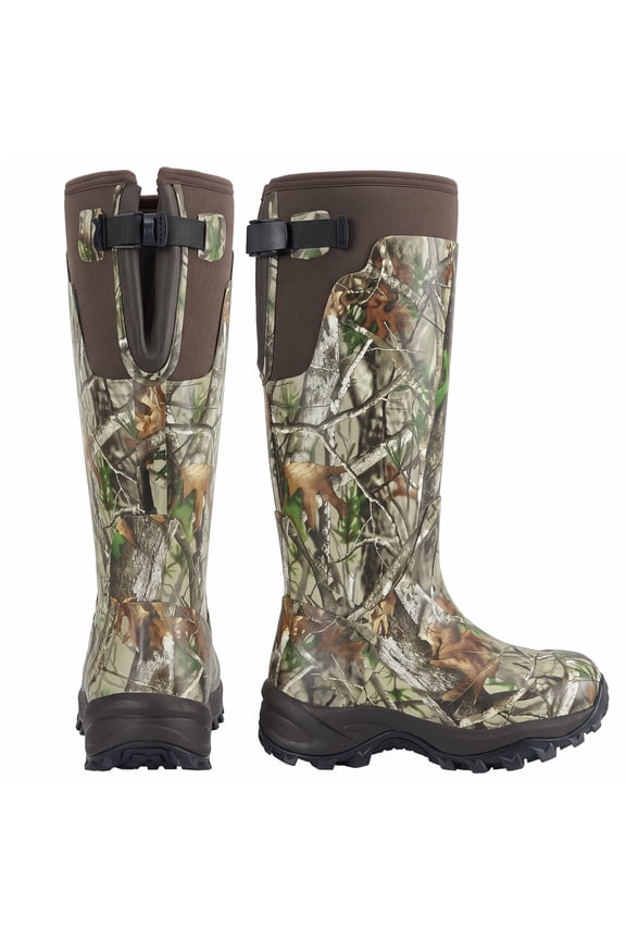 Men's Waterproof Neoprene Hunting Rain Boots, Adjustable Wide Calf Rubber Muck Work Boots, Vista Camo, Size 10